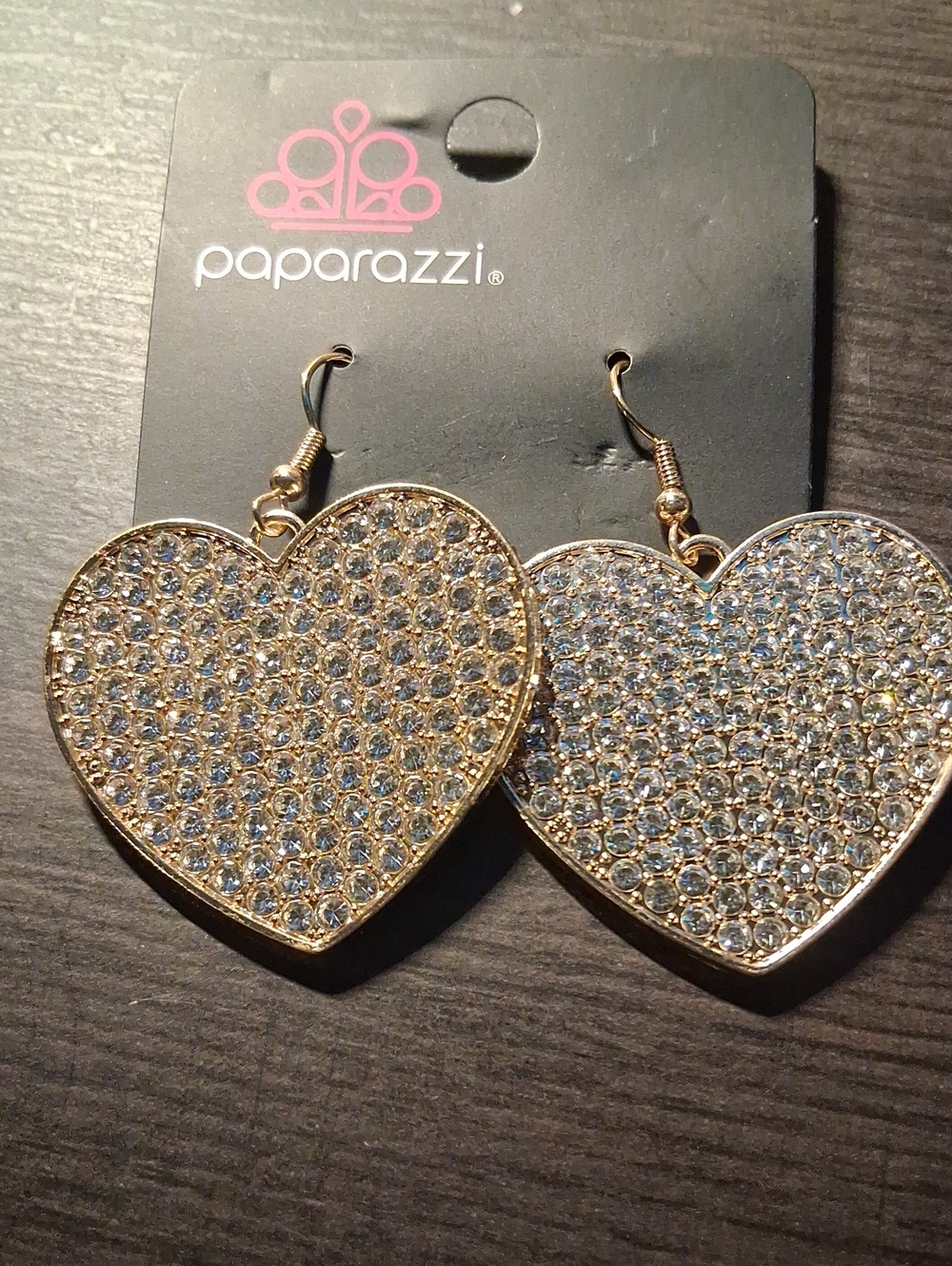 Paparazzi Gold Heart Pave Crystal Dangle Earrings